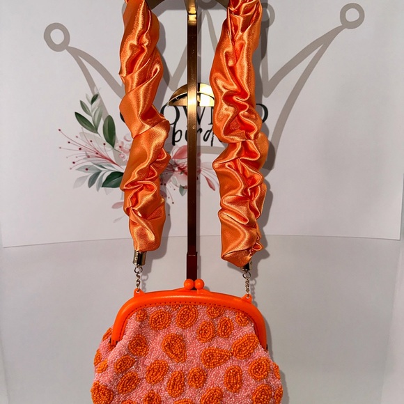 Orange Beaded Kiss Lock Clutch Handbag with Satin Ruffled Strap